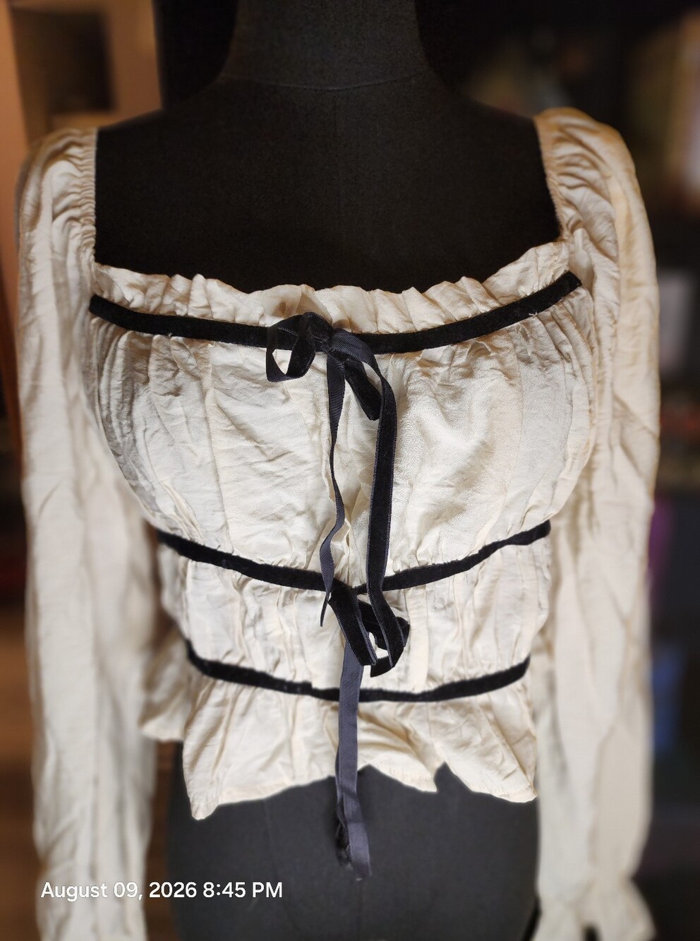 Womens Ivory Peasant Blouse with Black Velvet Trim